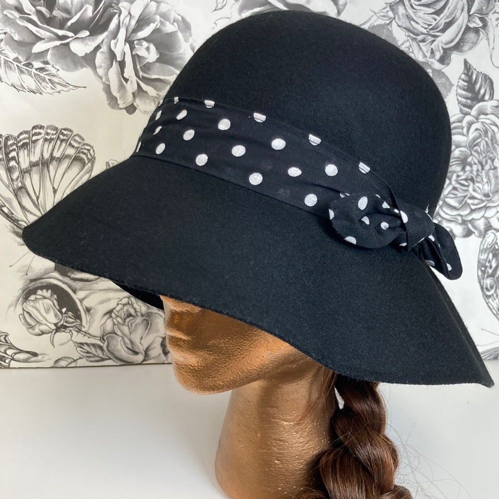 H&M Wool Floppy Hat w/ Black & White Polka Dot Ribbon Accent, One Size